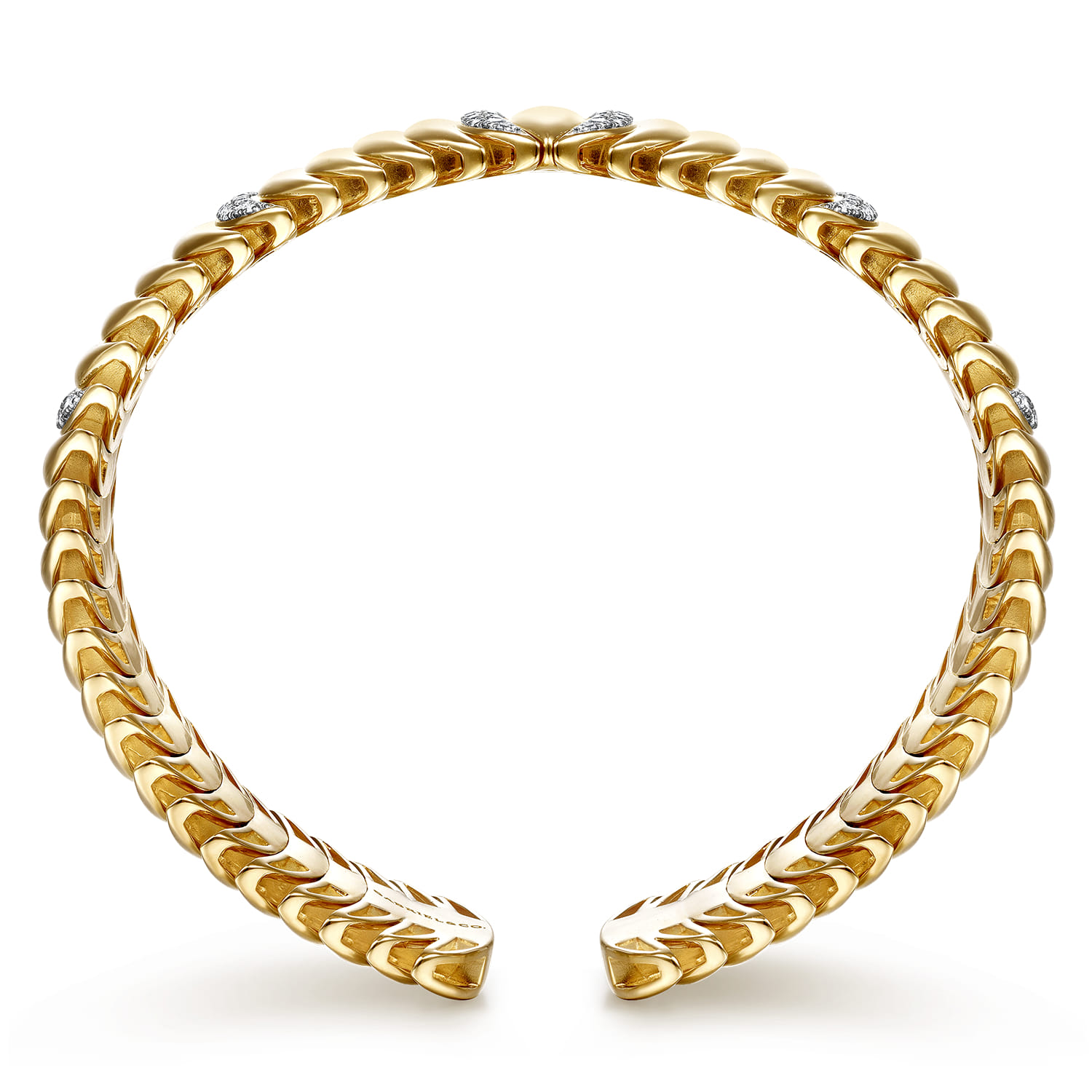 Stacked Crescent Cuff Bracelet with Pave Diamond Stations in 14K Yellow Gold, photograph 3