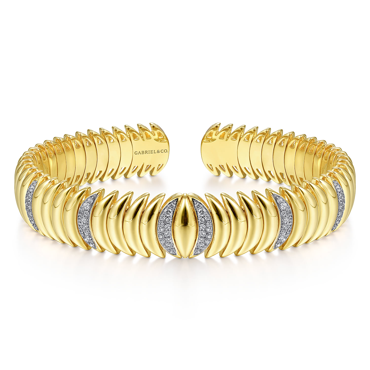Crescent Moon Cuff with Diamond Pave Stations in 14K Yellow Gold