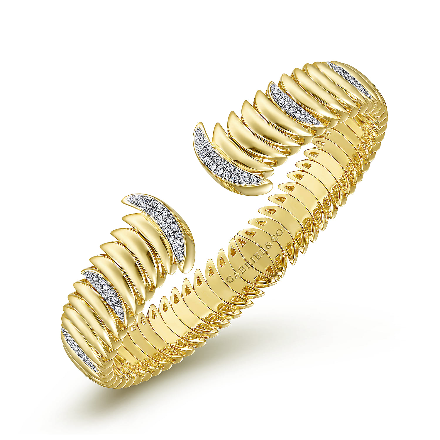 Crescent Moon Open Cuff Bracelet with Diamond Pave Stations in 14K Yellow Gold, photograph 2