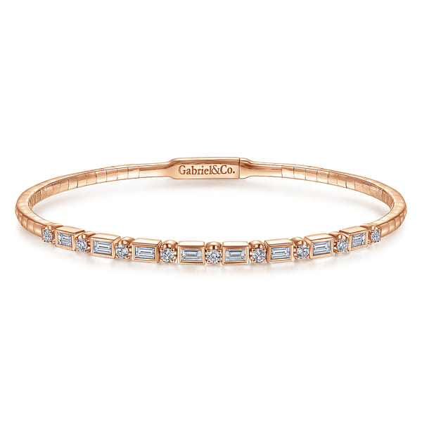 14K Rose Gold Alternating Baguette and Round Diamond Bangle