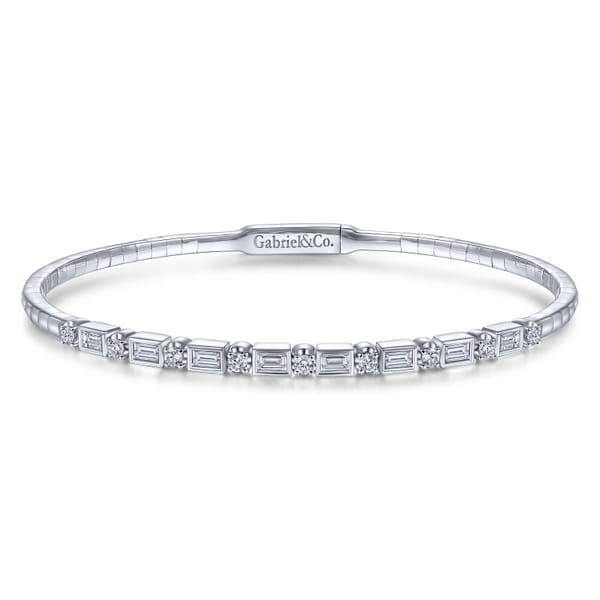 14K White Gold Alternating Baguette and Round Diamond Bangle