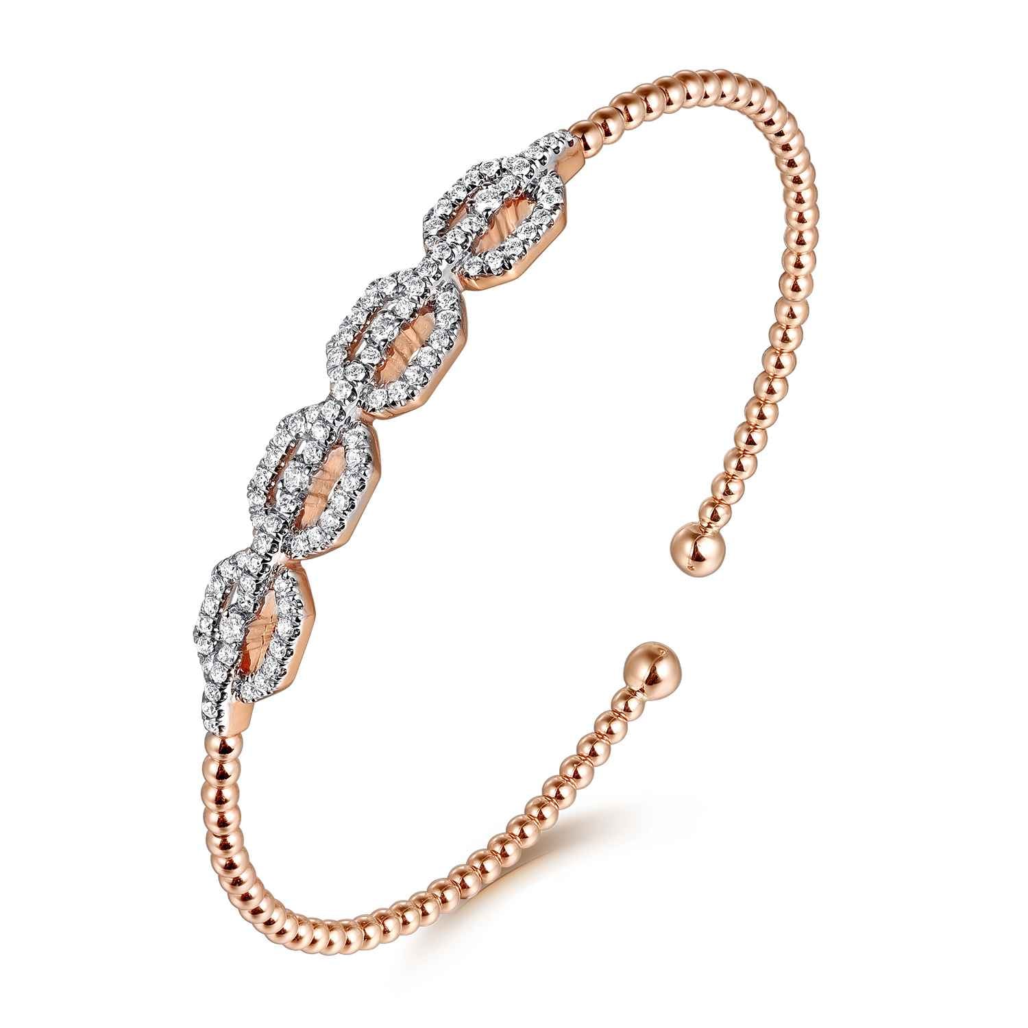 Bujukan Bead Cuff Bracelet with Diamond Pave Links in 14K Rose Gold, photograph 2