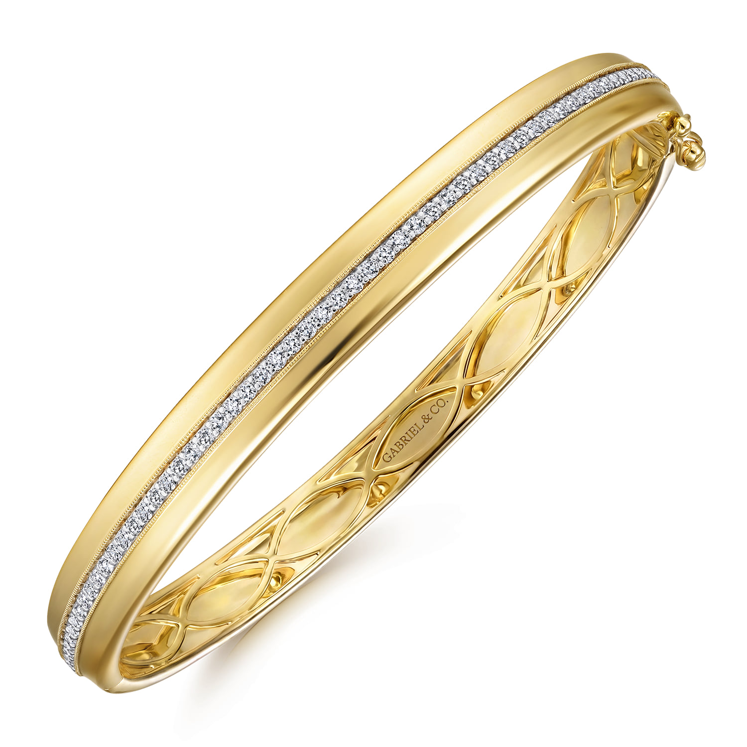 High Polished Bangle with Diamond Inner Channel in 14K Yellow Gold, photograph 2