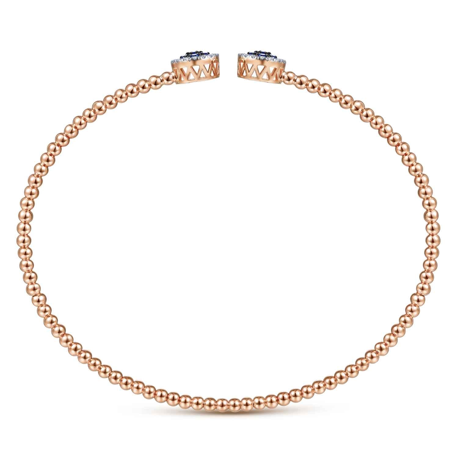 Bujukan Bead Cuff Bracelet with Sapphire and Diamond Halo Caps in 14K Rose Gold, photograph 3