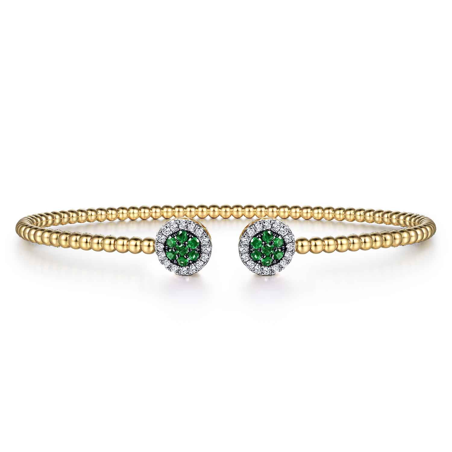 Bujukan Bead Cuff Bracelet with Emerald and Diamond Halo Caps