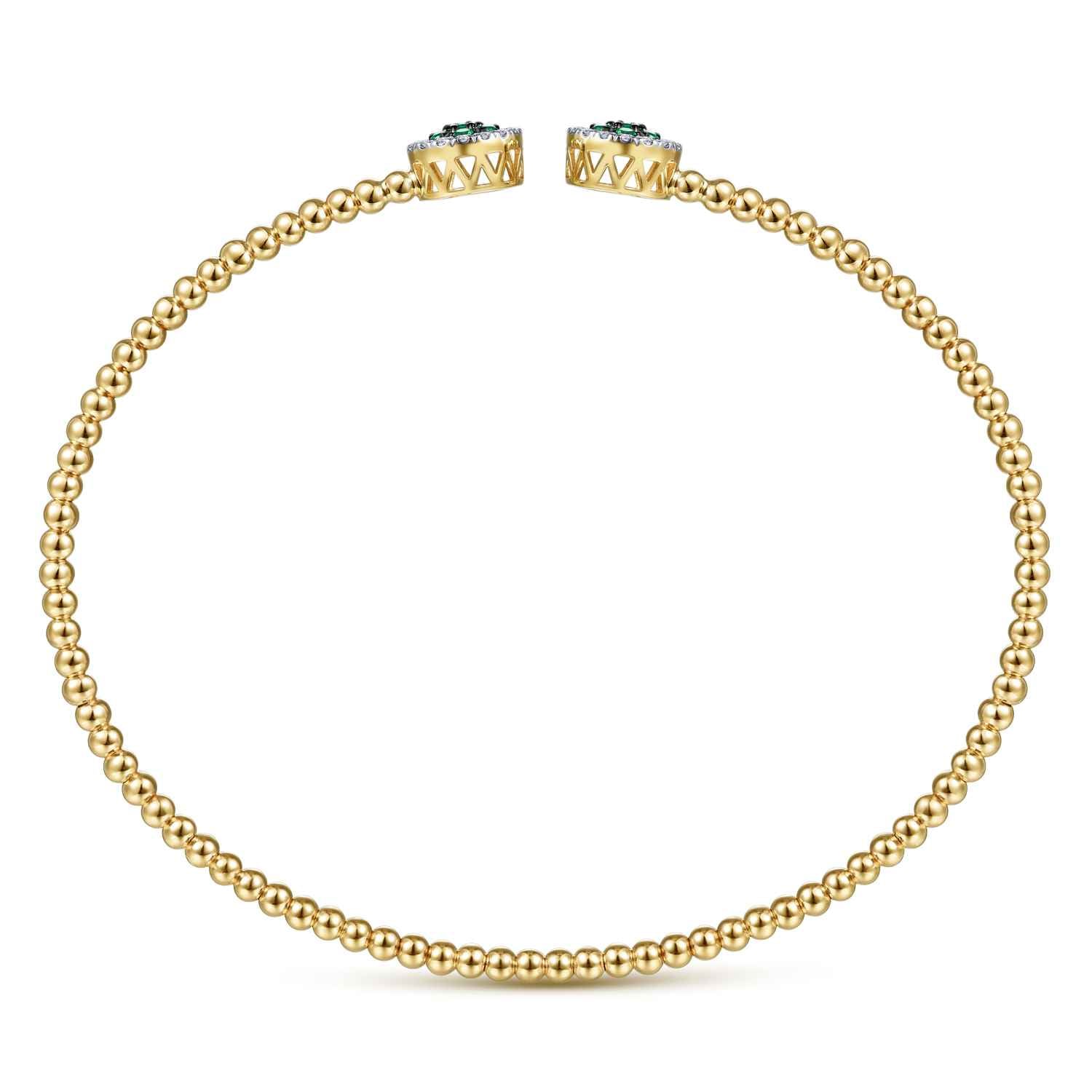 Bujukan Bead Cuff Bracelet with Emerald and Diamond Halo Caps in 14K Yellow Gold, photograph 3
