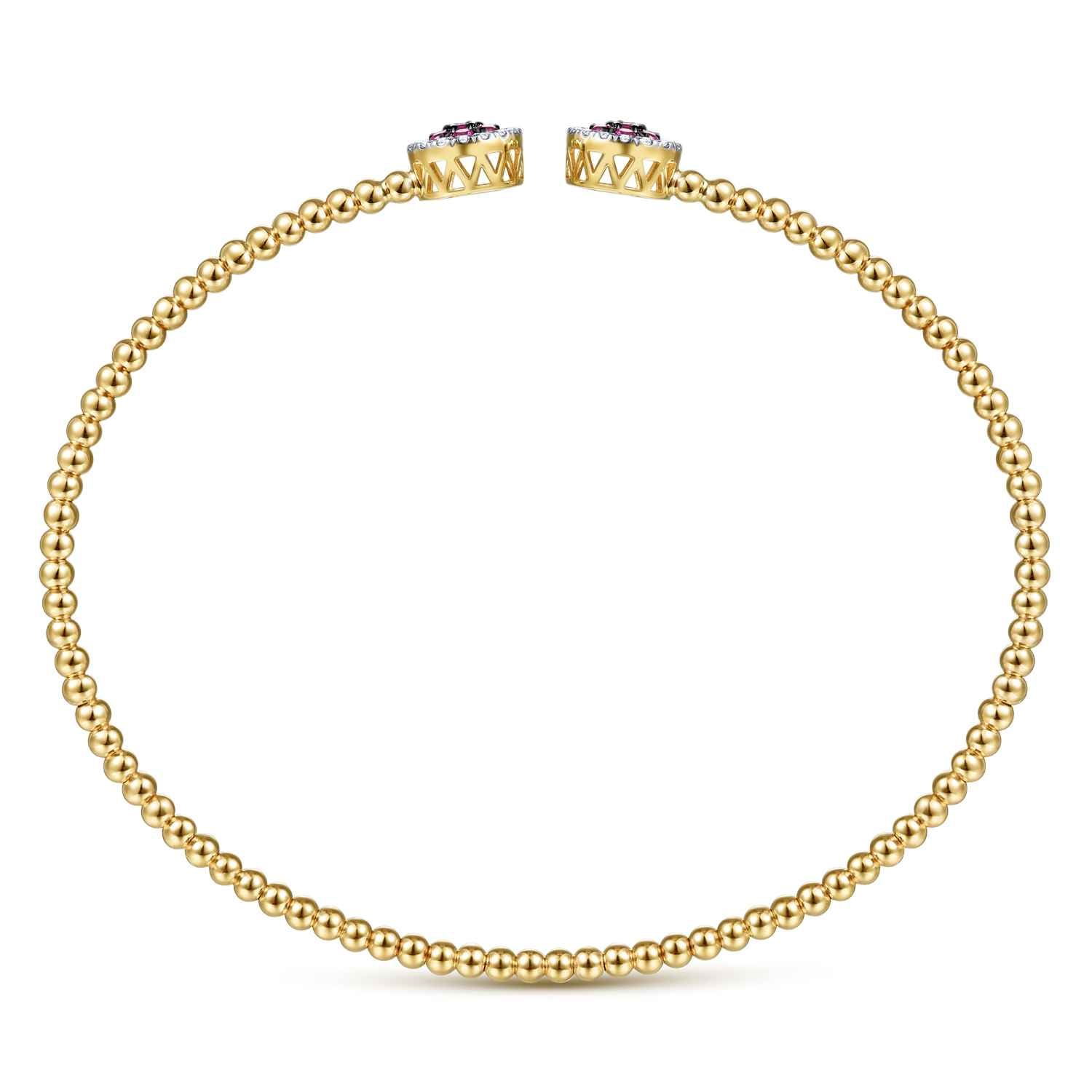 Bujukan Bead Cuff Bracelet with Ruby and Diamond Halo Caps in 14K Yellow Gold, photograph 3