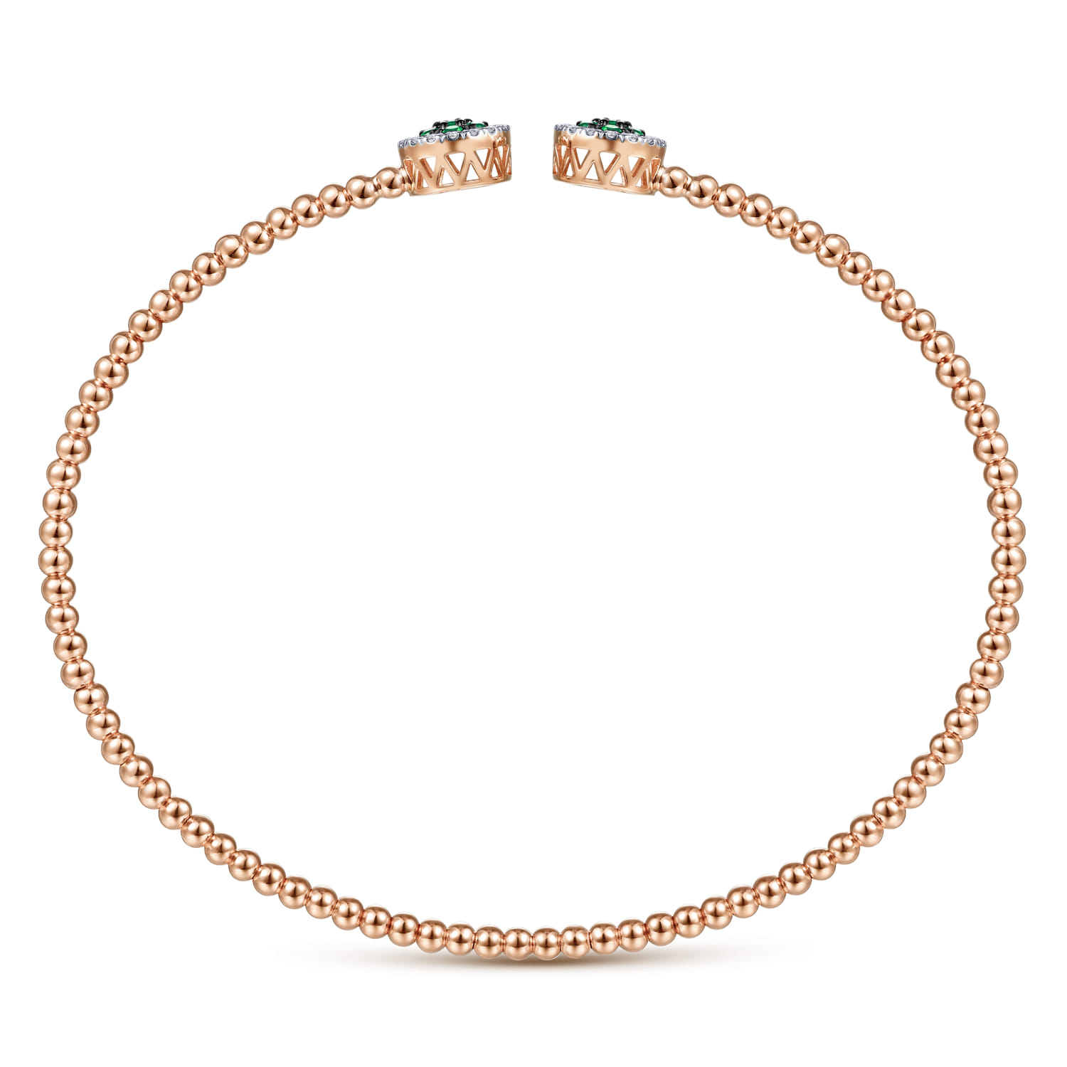 Bujukan Bead Cuff Bracelet with Emerald and Diamond Halo Caps in 14K Rose Gold, photograph 3