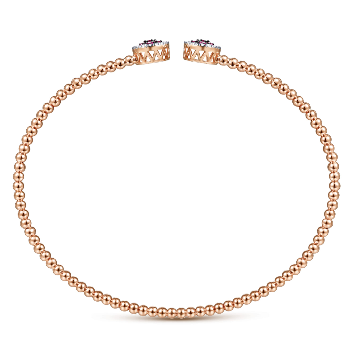 Bujukan Bead Cuff Bracelet with Ruby and Diamond Halo Caps in 14K Rose Gold, photograph 3
