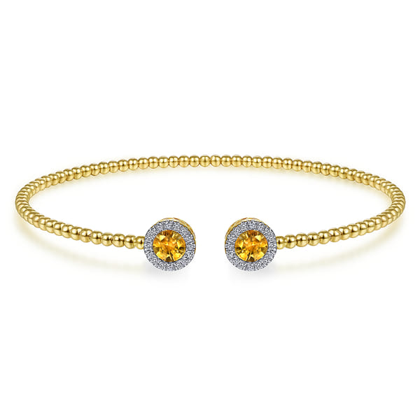 14K Yellow Gold Round Citrine and Diamond Halo Bujukan Bangle