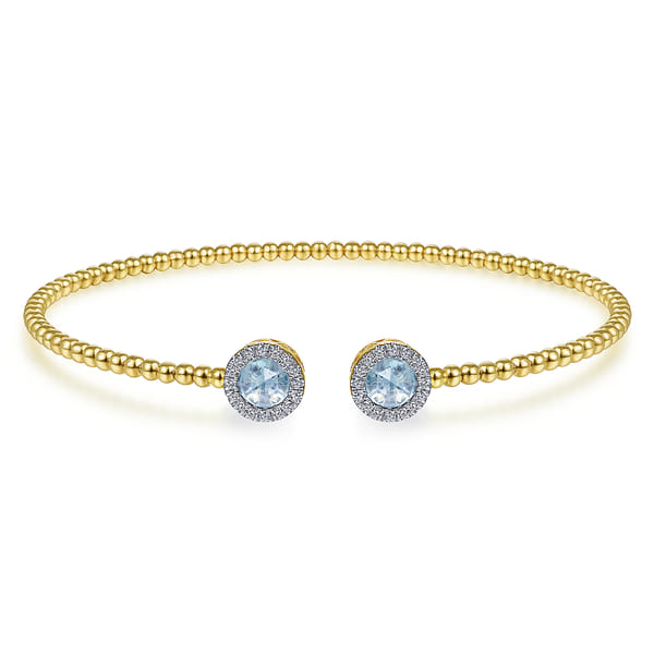 14K Yellow Gold Round Sky Blue Topaz and Diamond Halo Bujukan Bangle