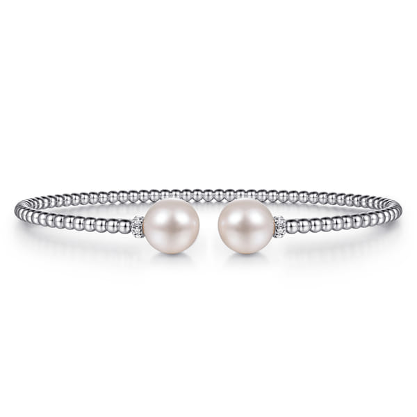 14K White Gold Bujukan Bead Split Bracelet with Pearl and Diamond Caps