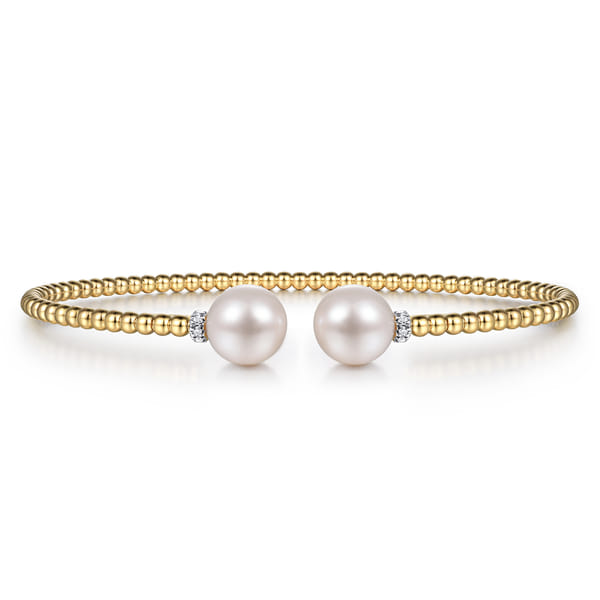 14K Yellow Gold Bujukan Bead Split Bracelet with Pearl and Diamond Caps