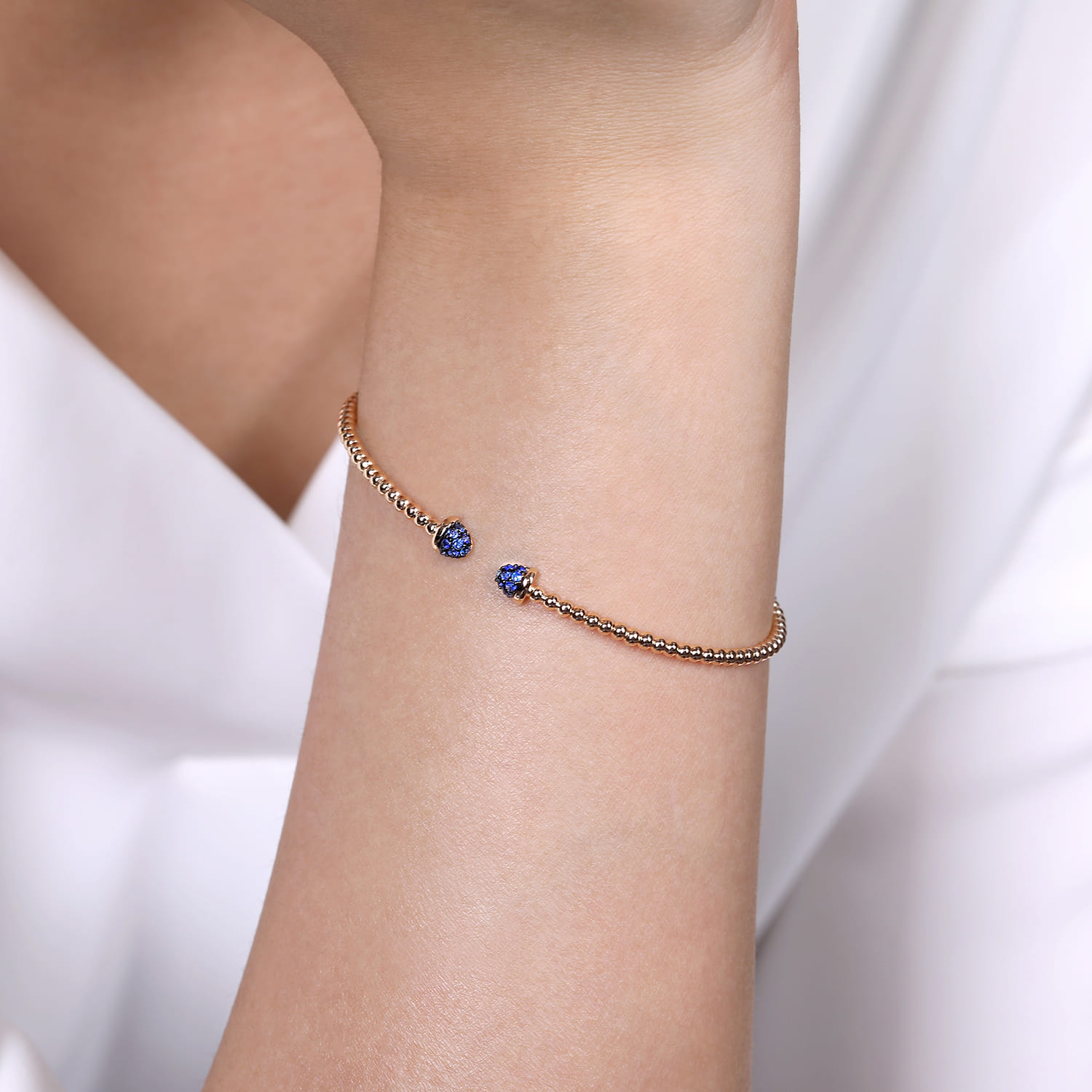 Bujukan Bead Cuff Bracelet with Sapphire Pave Caps in 14K Rose Gold, photograph 4