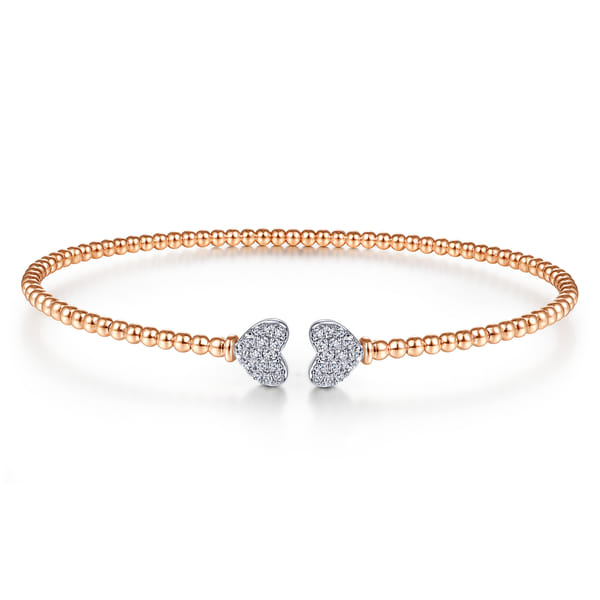 14K Rose Gold Bujukan Split Cuff Bracelet with White Gold Pave Diamond Hearts