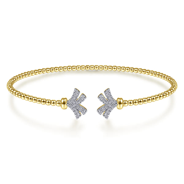 14K Yellow Gold Bujukan Split Cuff Bracelet with Diamond Pave Fan Caps
