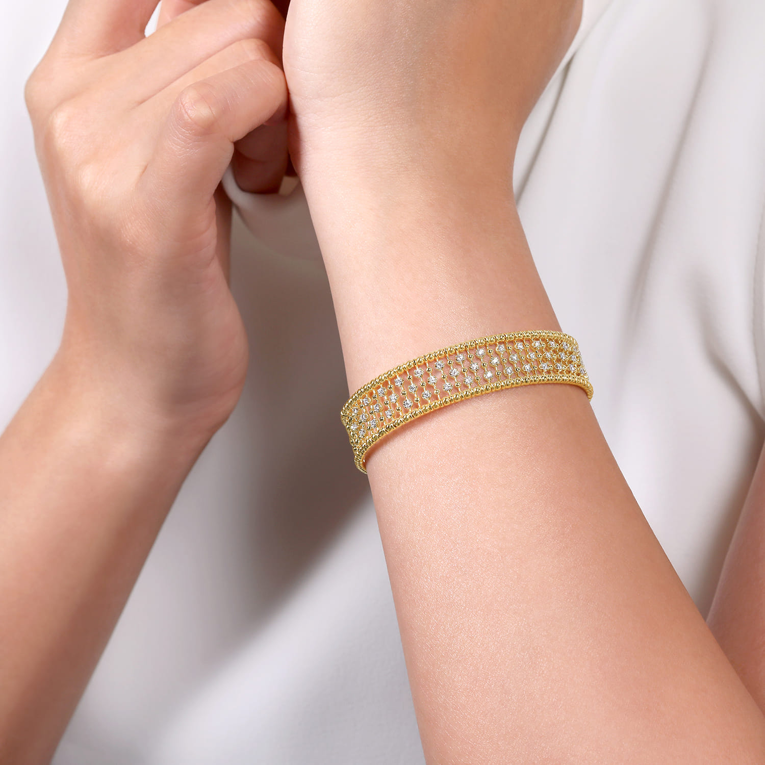 Wide Diamond Cage Cuff Bracelet in 14K Yellow Gold, photograph 4