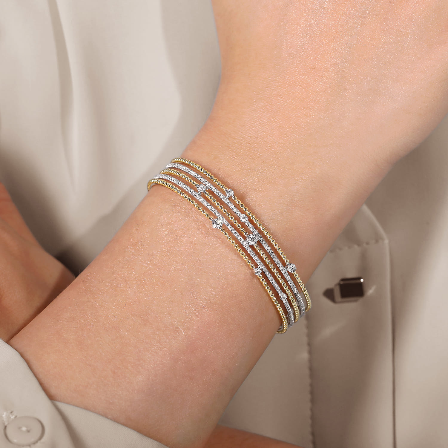 Wide Multi Row Diamond Cuff Bracelet in 14K White/Yellow Gold, photograph 4
