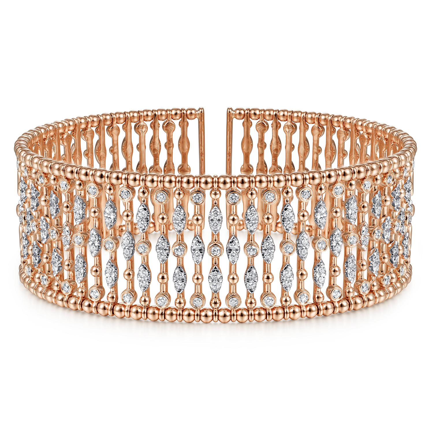 Wide Cage Cuff Bracelet with Diamond Stations