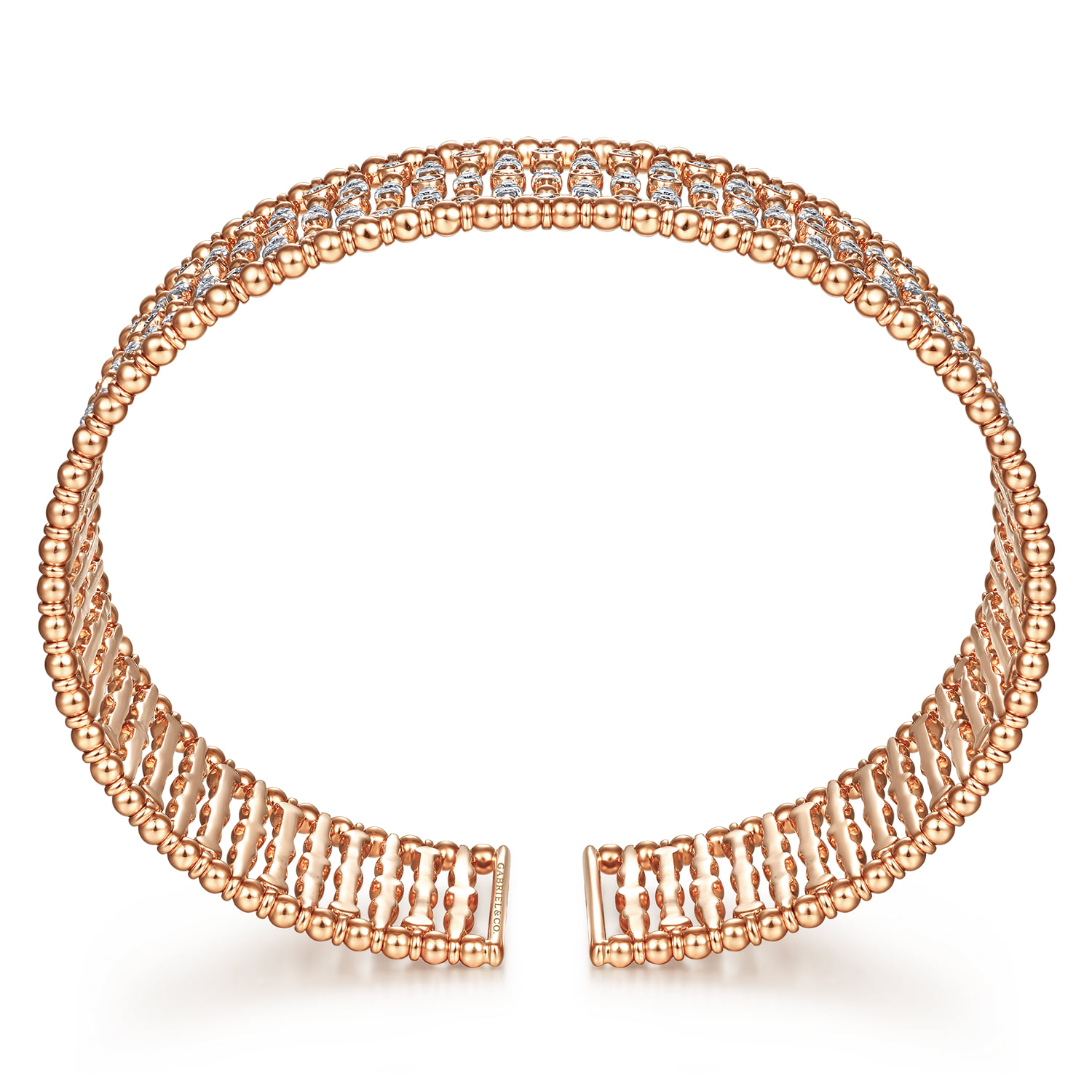 Wide Cage Cuff Bracelet with Diamond Stations in 14K Rose Gold, photograph 3
