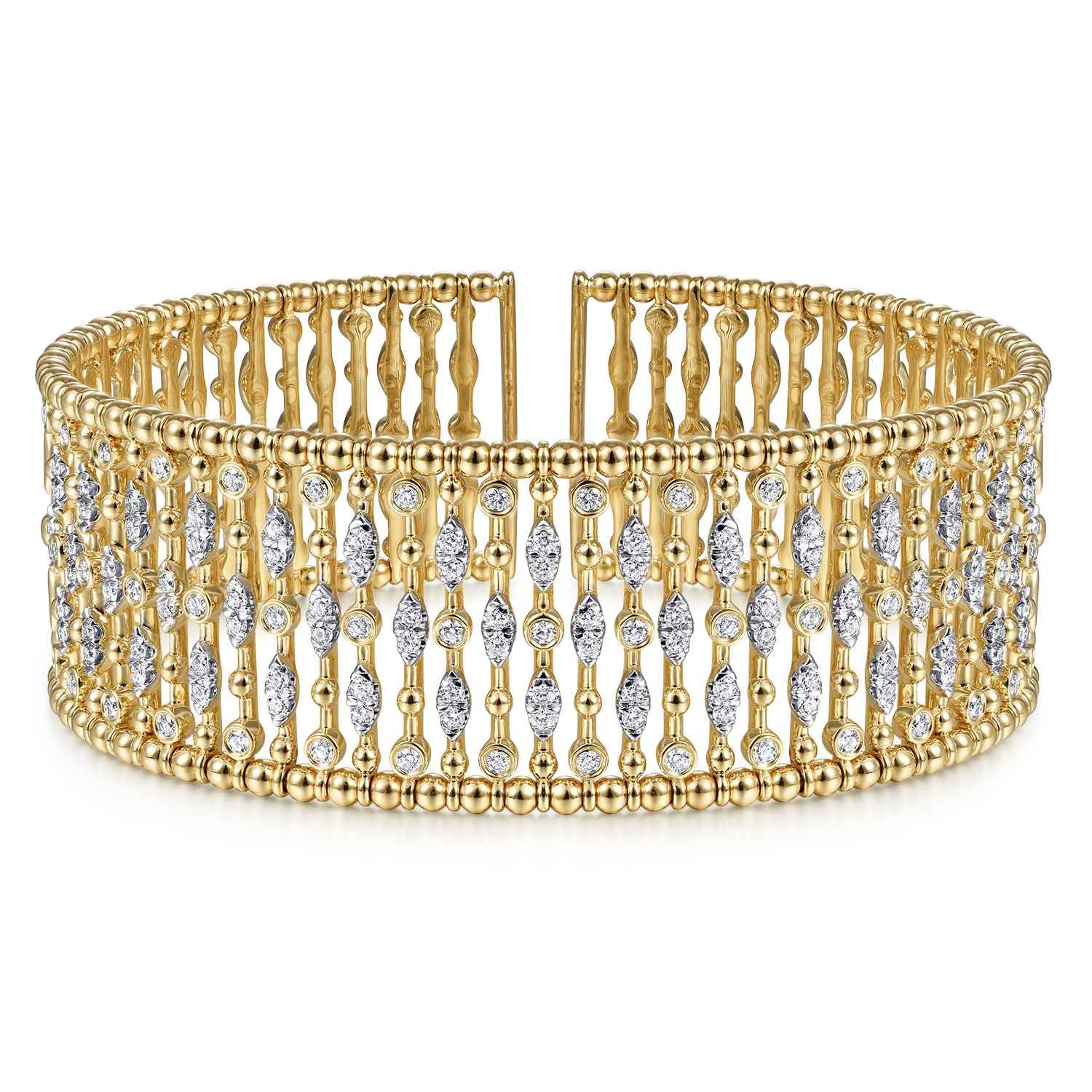 Wide Cage Cuff Bracelet with Diamond Stations