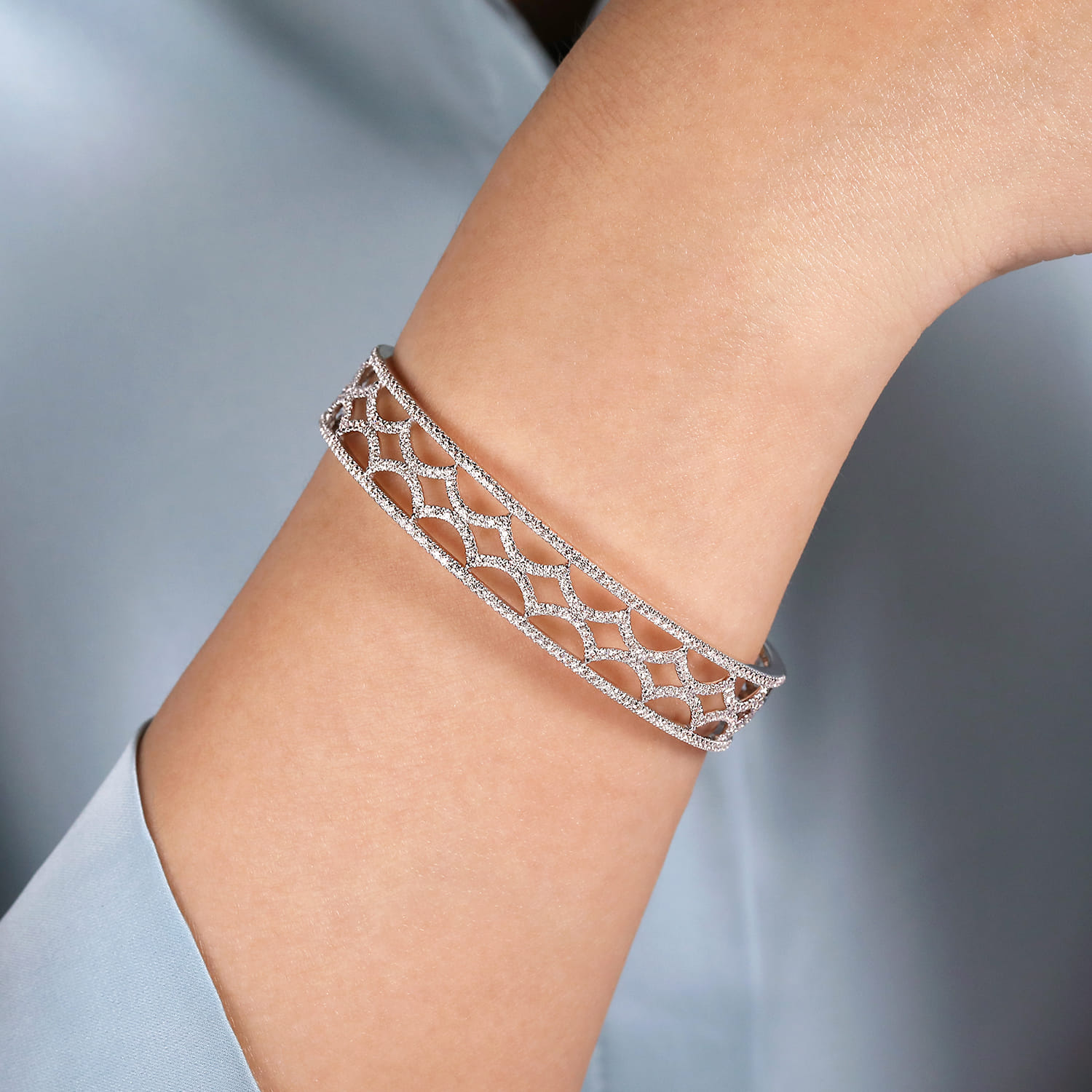 Wide Zig Zag Diamond Cuff Bracelet in 14K White Gold, photograph 4