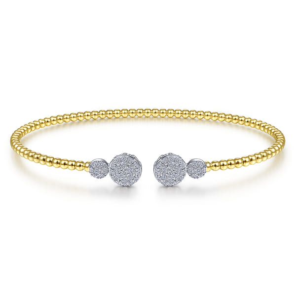 14K White Yellow Gold Bujukan Bead Split Cuff with Round Diamond Pave Caps