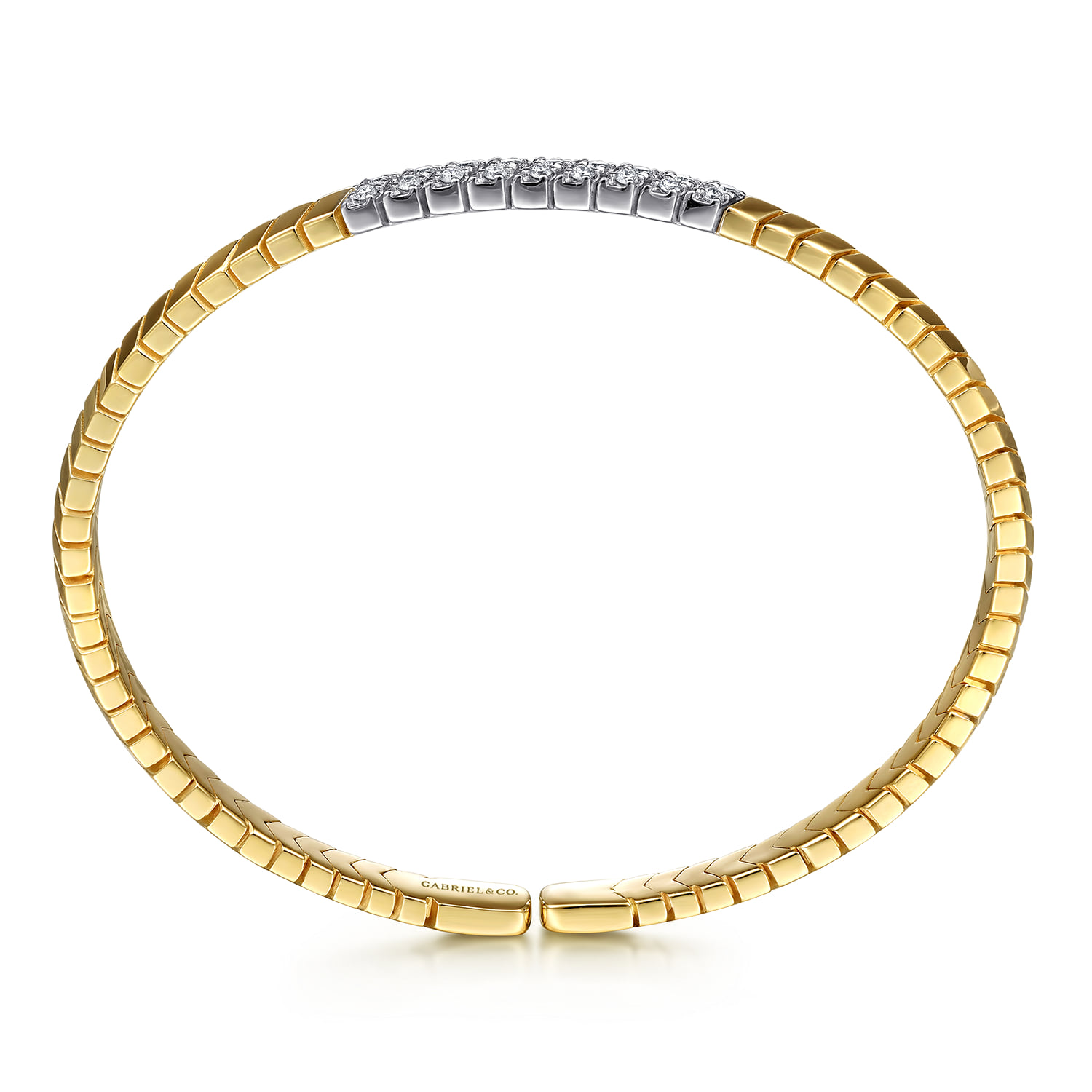 Chevron Cuff Bracelet with White Gold Diamond Pave Station in 14K Yellow Gold, photograph 3