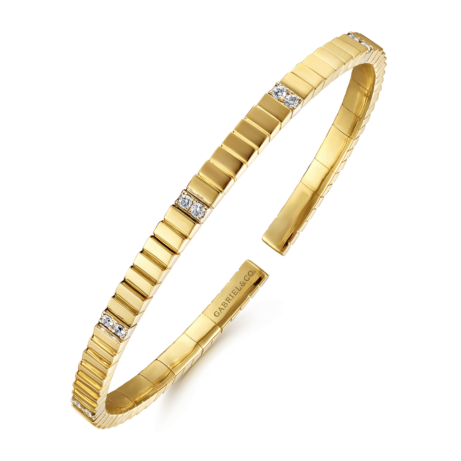 Rectangular Bead Cuff Bracelet with White Gold Pave Diamond Stations in 14K Yellow Gold, photograph 2