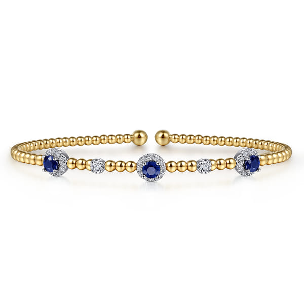 14K White-Yellow Gold Bujukan Bead Cuff Bracelet with Sapphire and Diamond Halo Stations