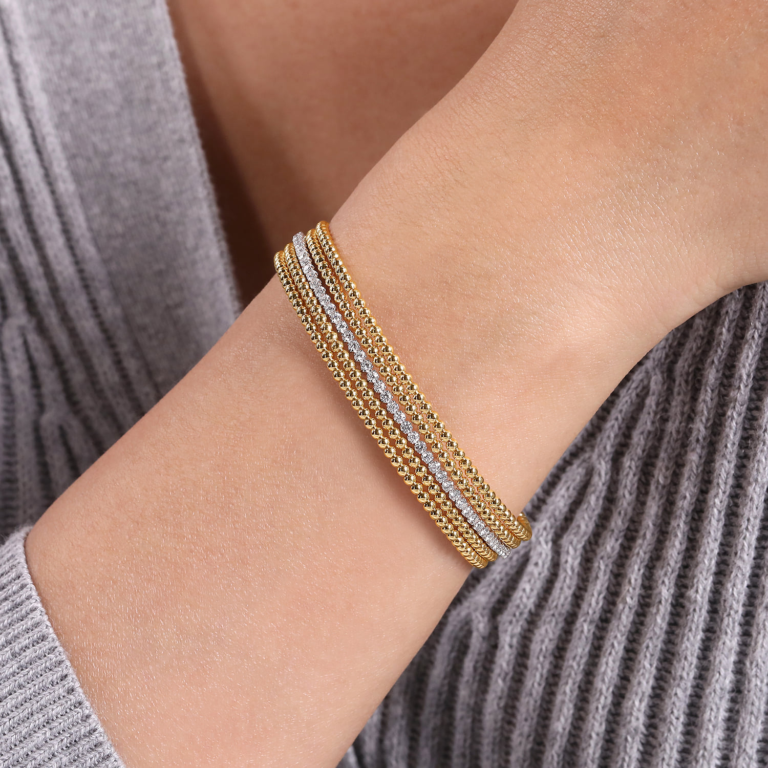 Wide Bujukan Diamond Cuff Bangle in 14K White/Yellow Gold, photograph 4