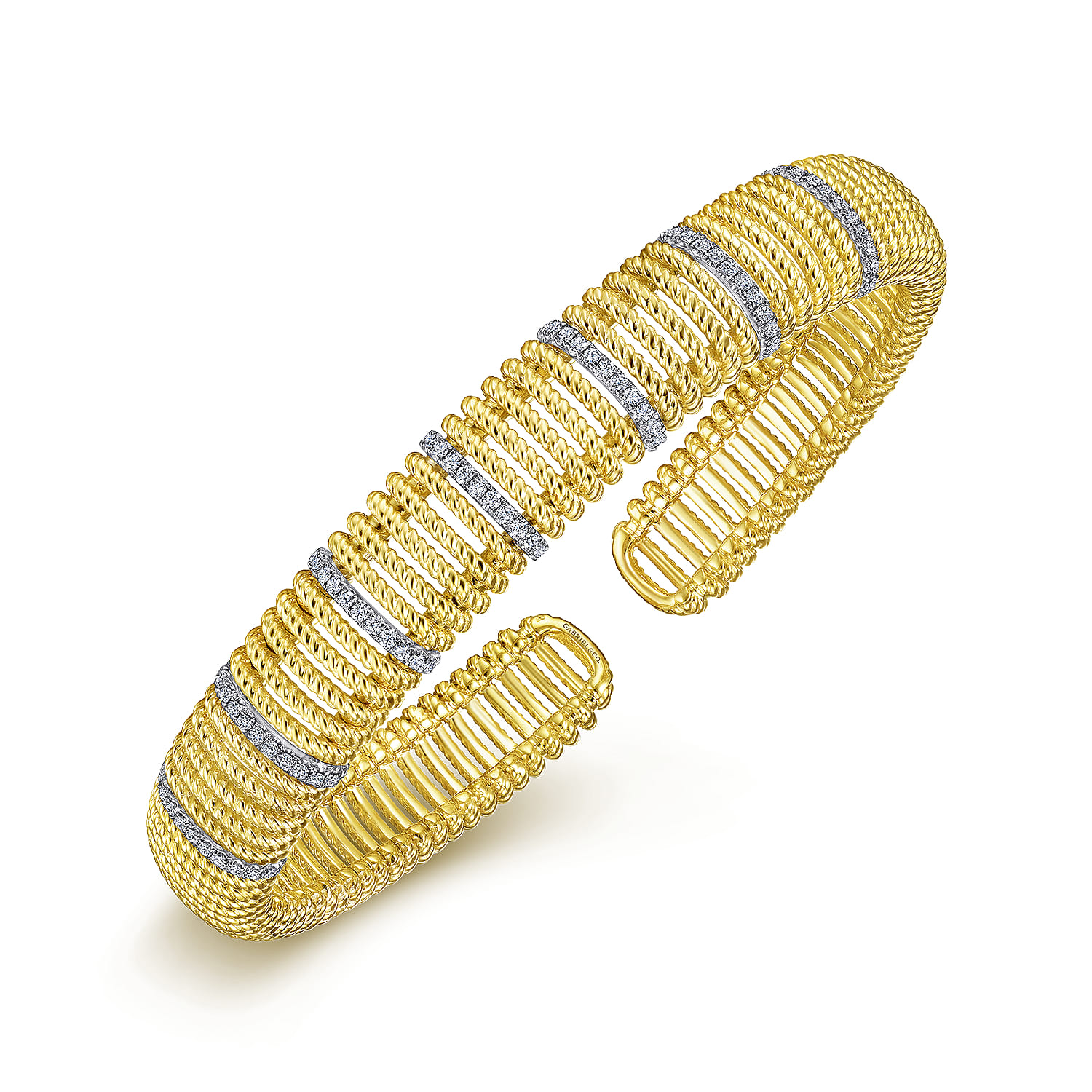 Twisted Rope Cuff Bracelet with Diamond Stations in 14K White/Yellow Gold, photograph 2
