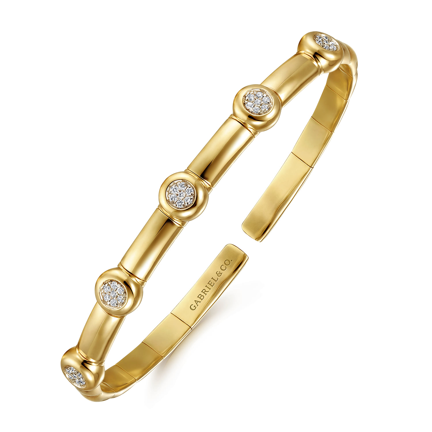 Open Bangle Bracelet with Diamond Stations in 14K Yellow Gold, photograph 2