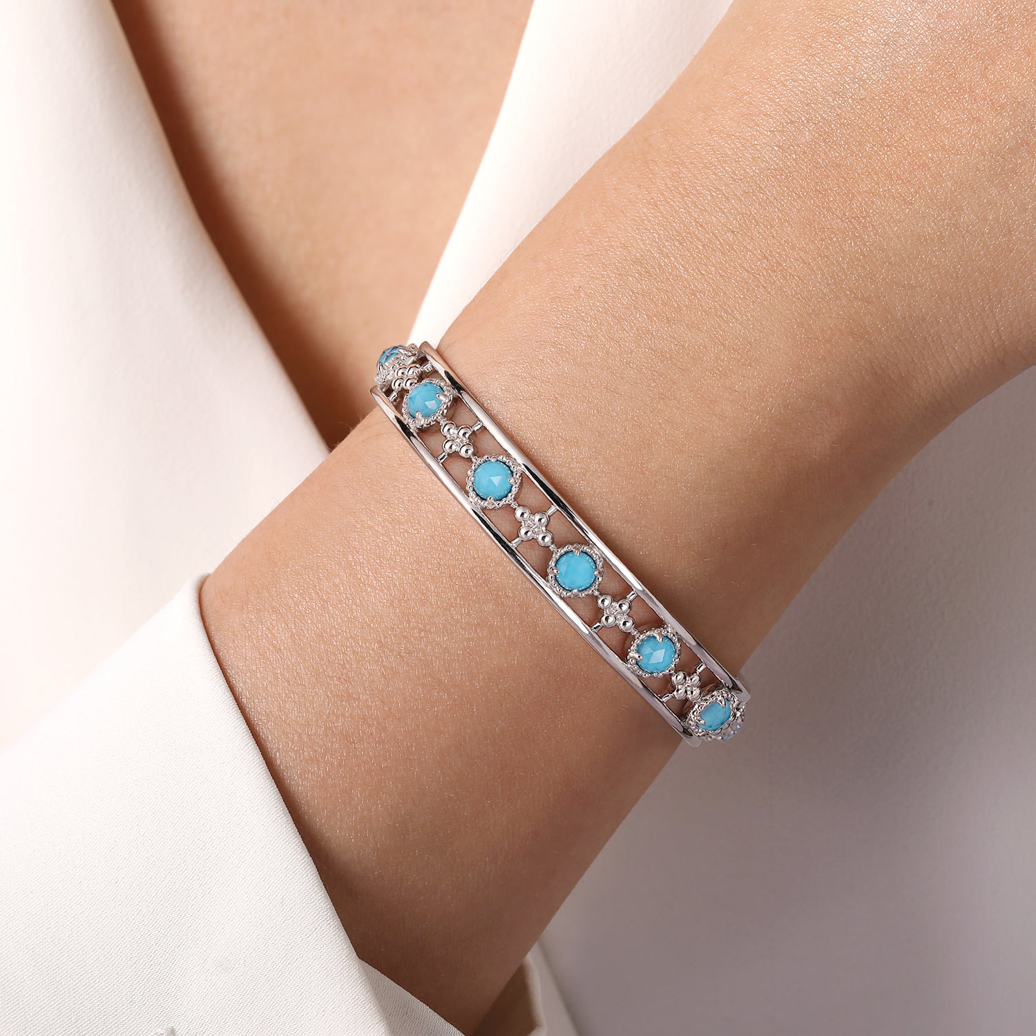 Rock Crystal and Turquoise Station Bangle in Sterling Silver, photograph 4