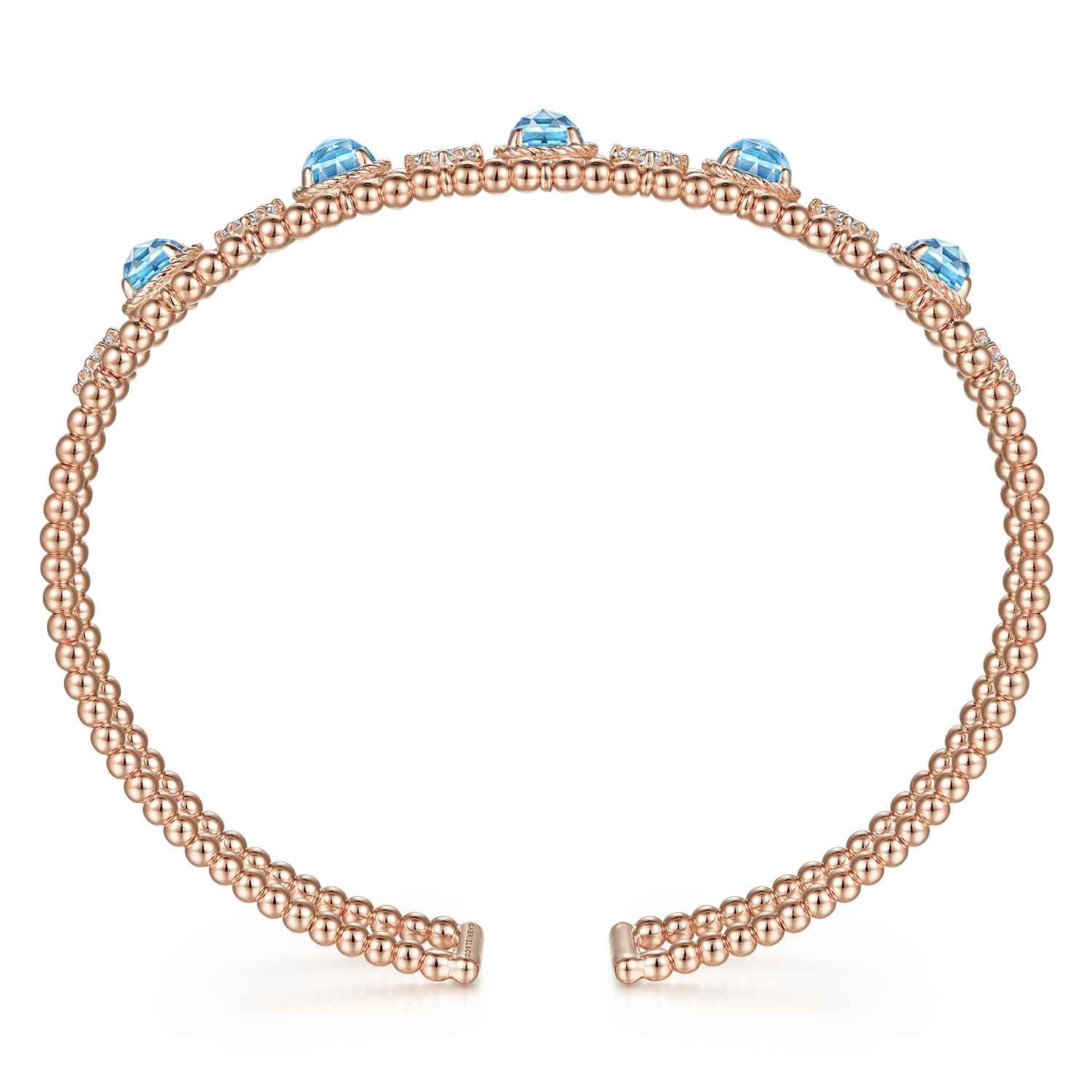 Bujukan Bead Diamond and Blue Topaz Cuff Bracelet in 14K Rose Gold, photograph 3