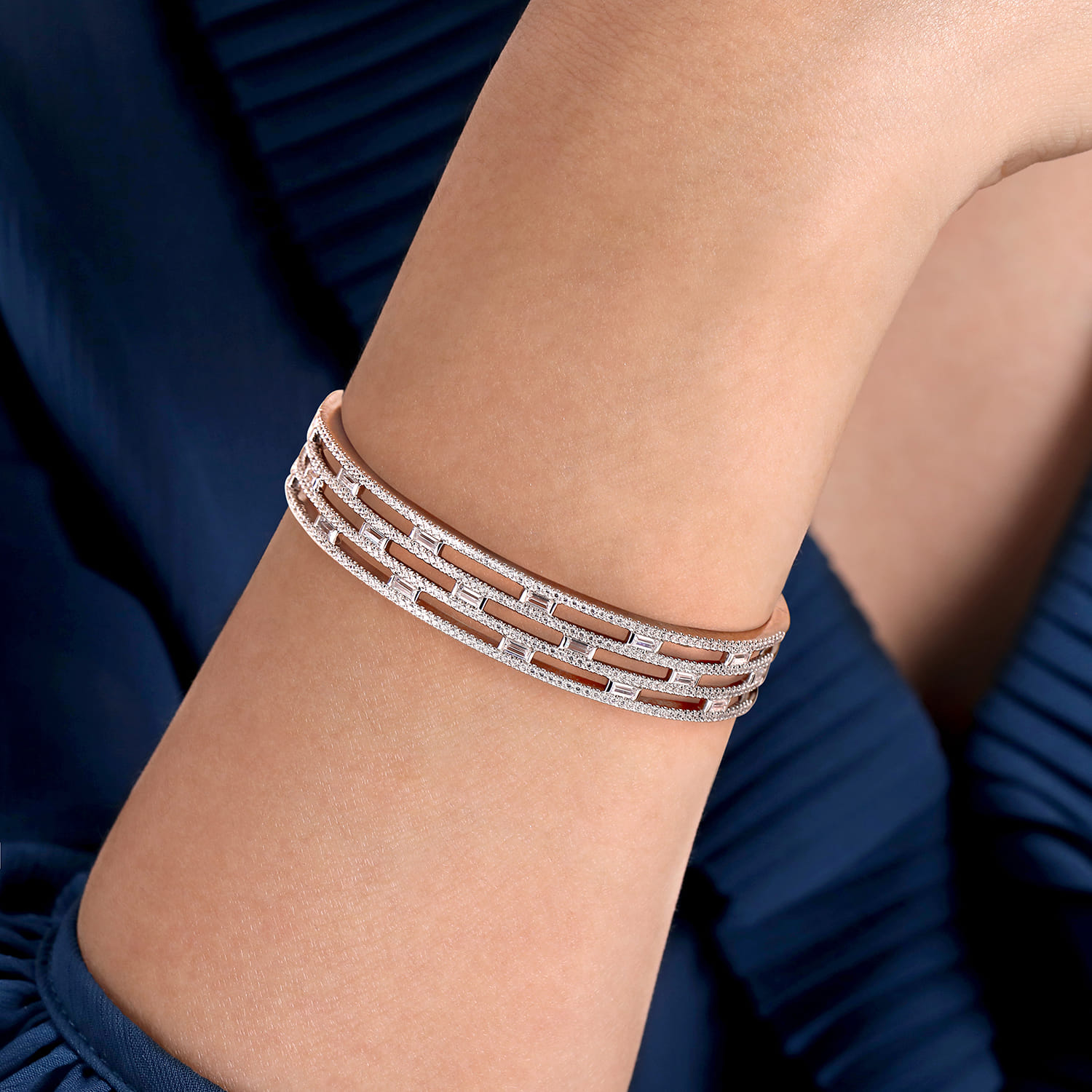Wide and Baguette Diamond Bangle Bracelet in 14K White Gold, photograph 4