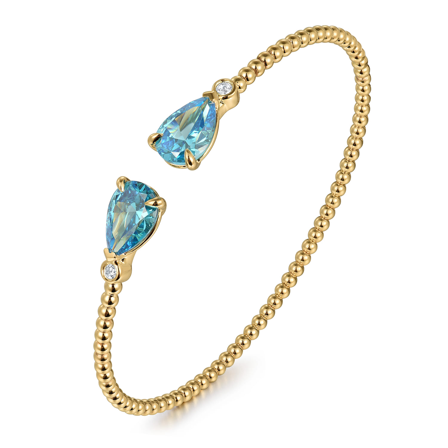 Diamond and Pear Shape Blue Topaz Bujukan Bangle in 14K Yellow Gold, photograph 2