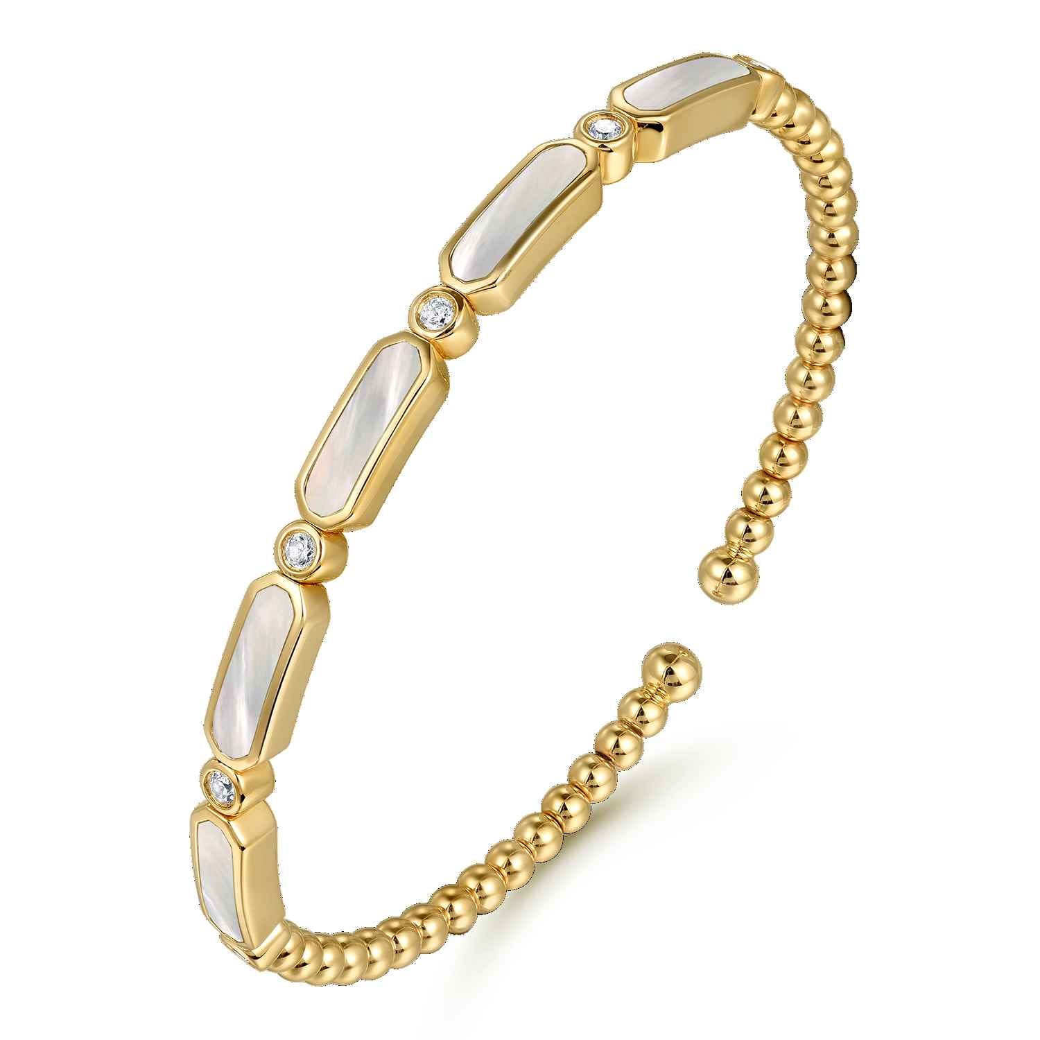 Diamond and White Mother Pearl Bangle in 14K Yellow Gold, photograph 2