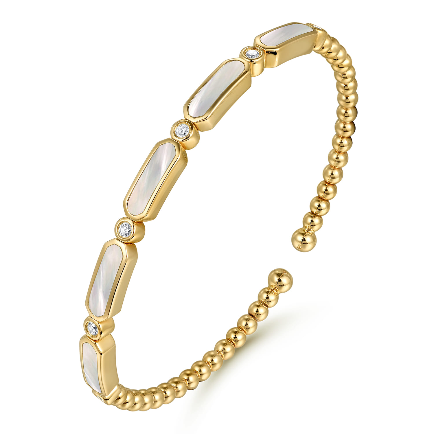 Diamond and White Mother of Pearl Bujukan Bangle in 14K Yellow Gold, photograph 2