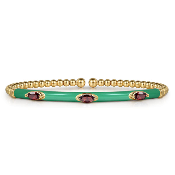 14K Yellow Gold Bujukan Garnet Split Bangle with Mint Green Enamel