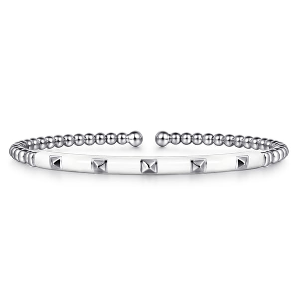 14K White Gold Bujukan Beads and Pyramid Split Bangle with White Enamel
