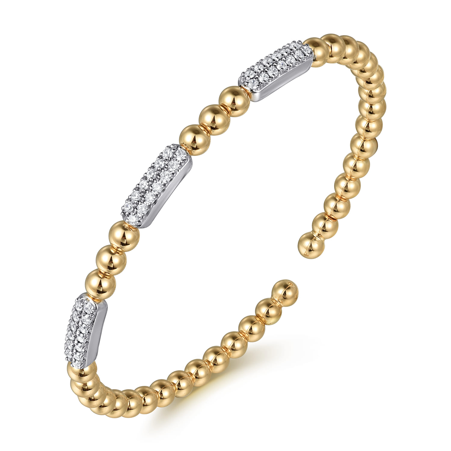Diamond Pave Three Station Bar Bujukan Beads Split Bangle Bracelet in 14K White/Yellow Gold, photograph 2