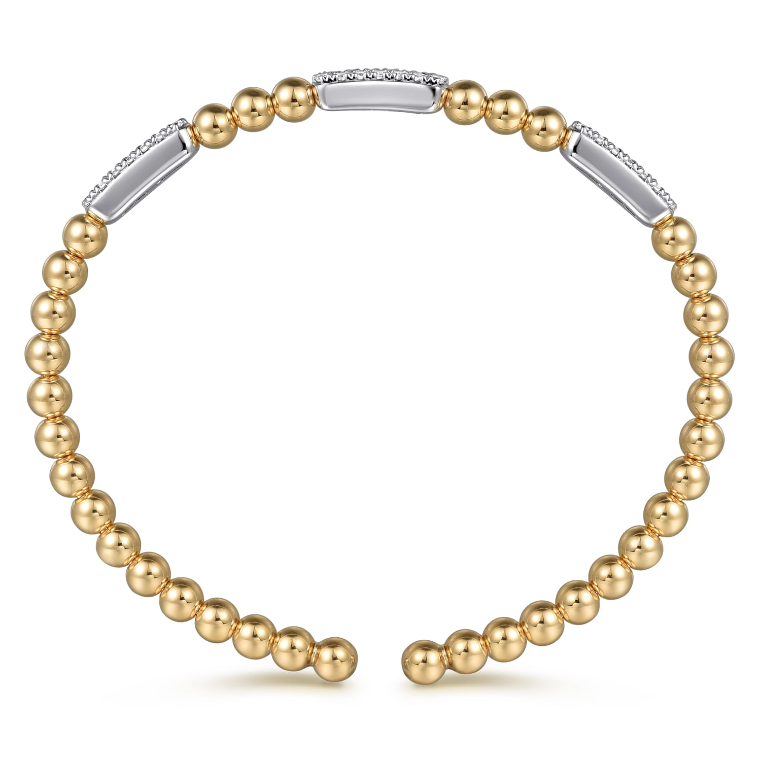 Diamond Pave Three Station Bar Bujukan Beads Split Bangle Bracelet in 14K White/Yellow Gold, photograph 3