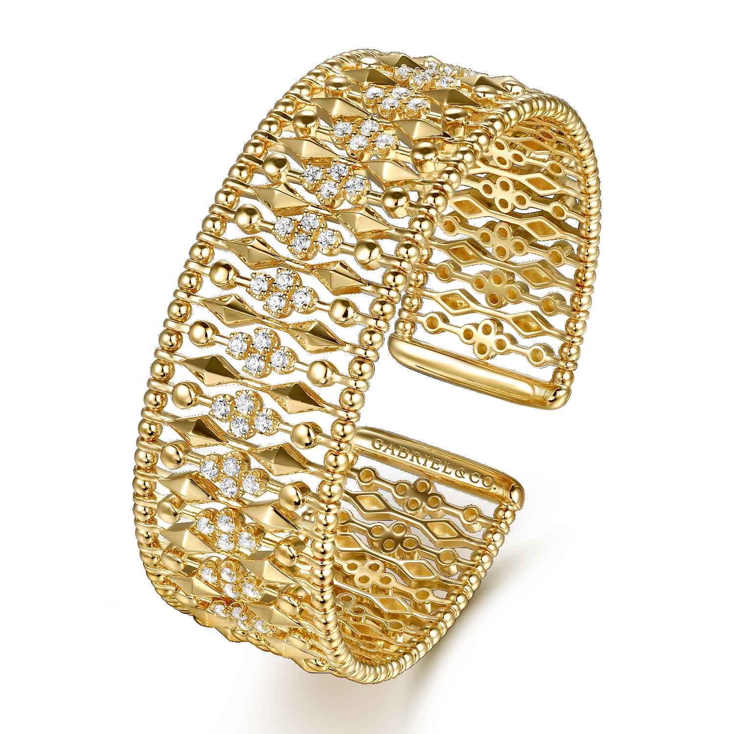 Diamond and Bujukan Beads Cuff Bangle Bracelet in 14K Yellow Gold, photograph 2