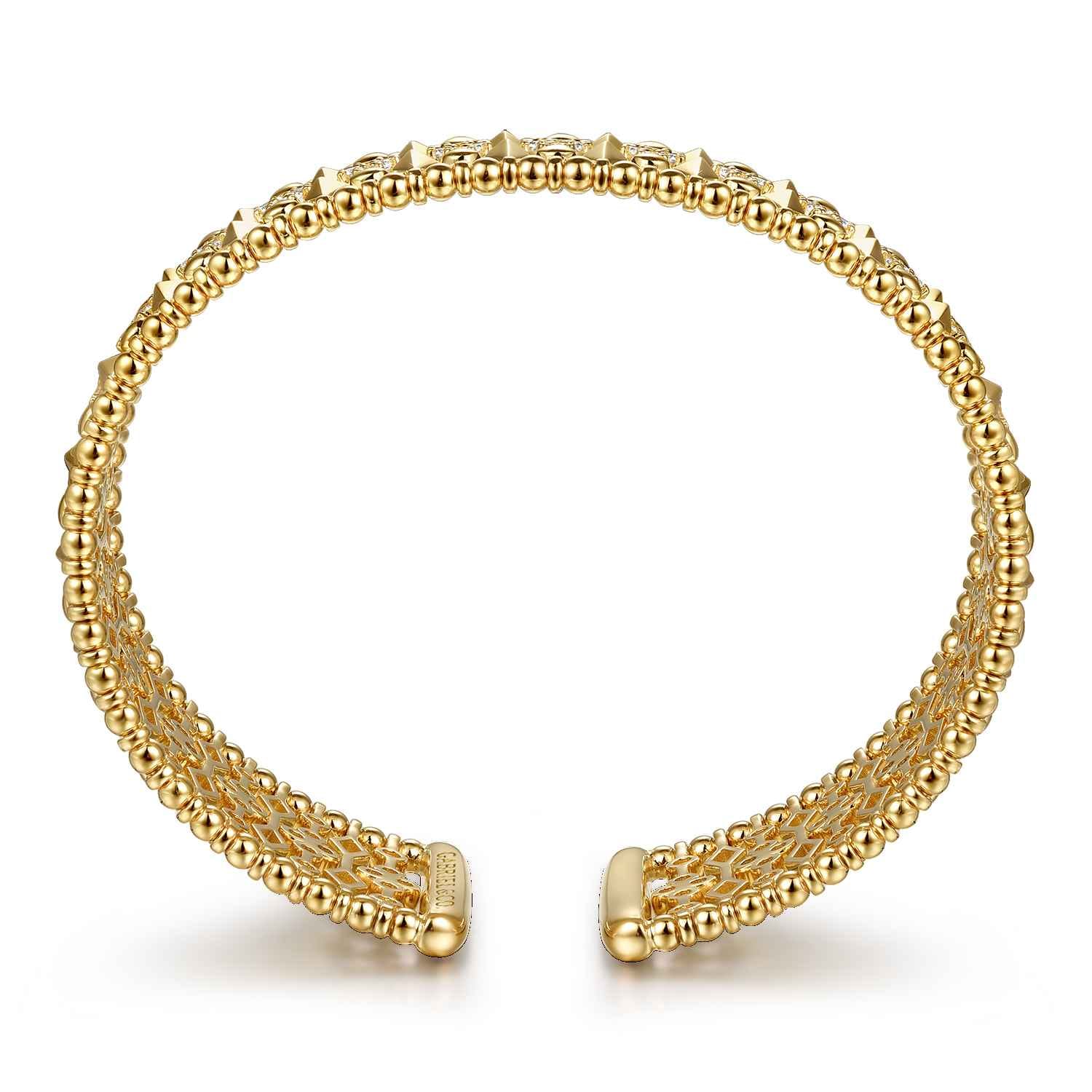 Diamond and Bujukan Beads Cuff Bangle Bracelet in 14K Yellow Gold, photograph 3