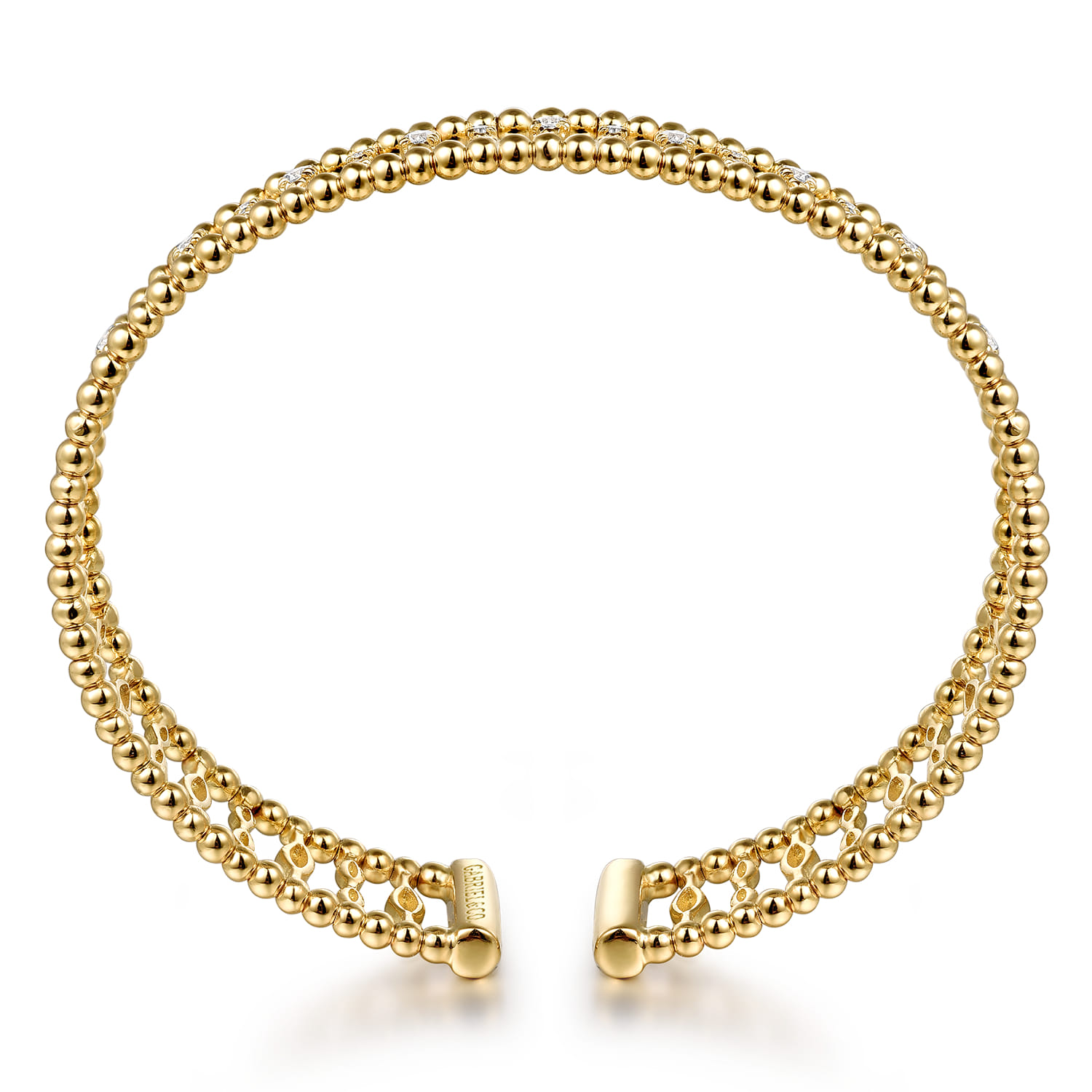 Diamond and Bujukan Beads Cuff Bangle Bracelet in 14K Yellow Gold, photograph 3