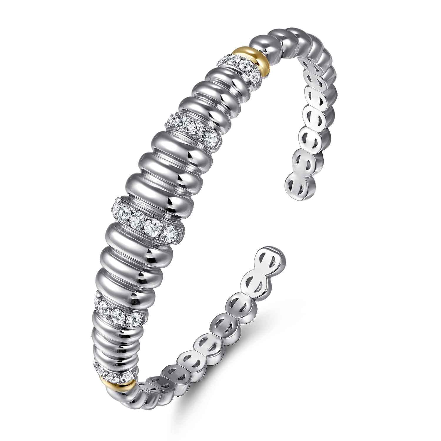 and Bujukan White Sapphire Scallop Open Bangle Bracelet in 14K Yellow Gold, photograph 2