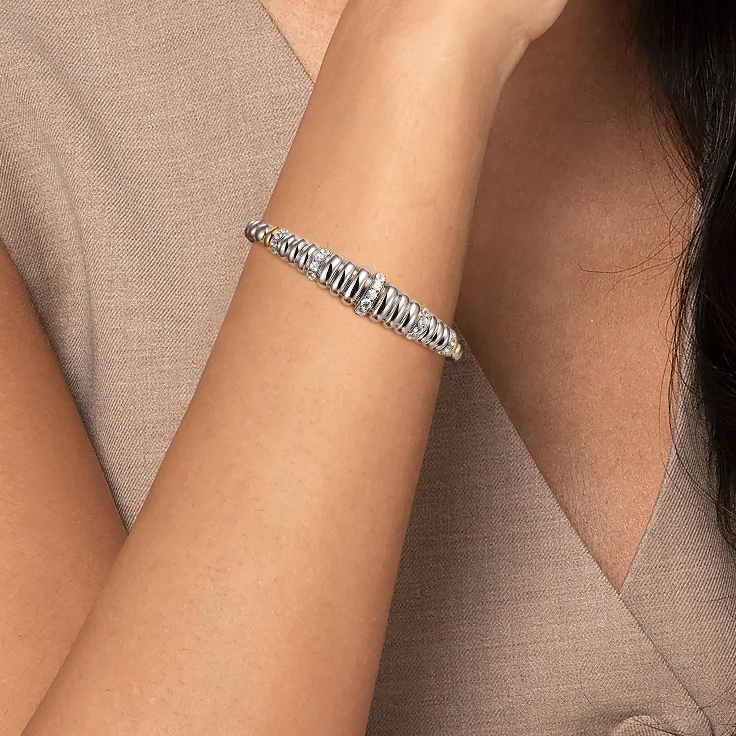 and Bujukan White Sapphire Scallop Open Bangle Bracelet in 14K Yellow Gold, photograph 4
