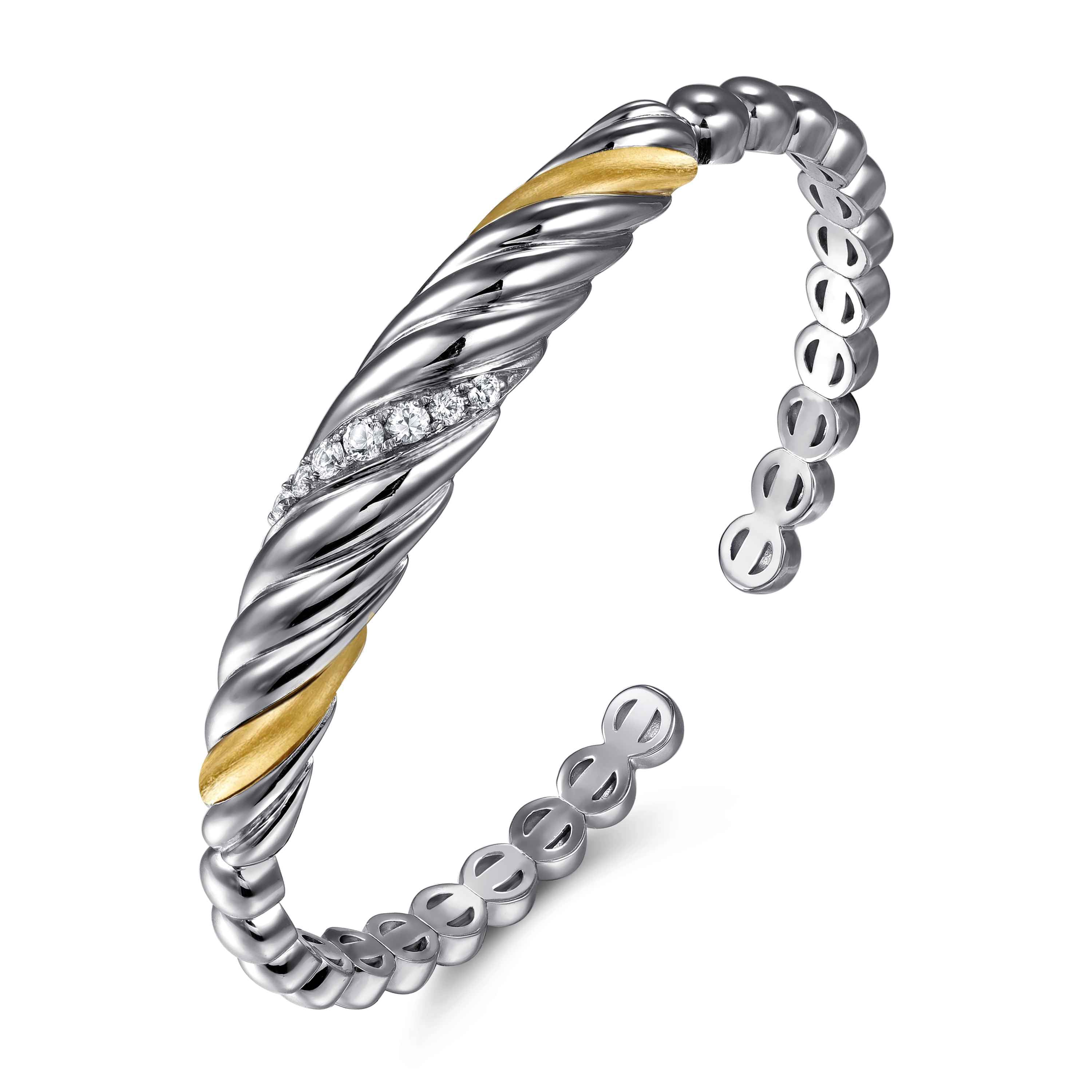 and Bujukan White Sapphire Scallop Open Bangle in 14K Yellow Gold, photograph 2