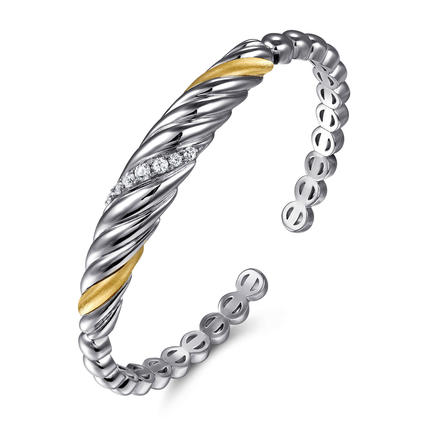 and Bujukan White Sapphire Scallop Open Bangle in 14K Yellow Gold, photograph 2
